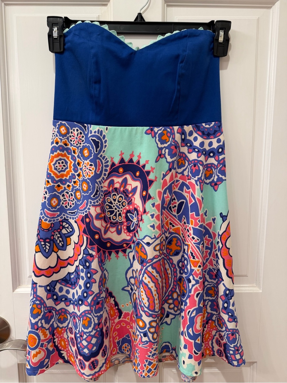 Judith March Blue Strapless Fit & Flare Dress with Mint Floral Print